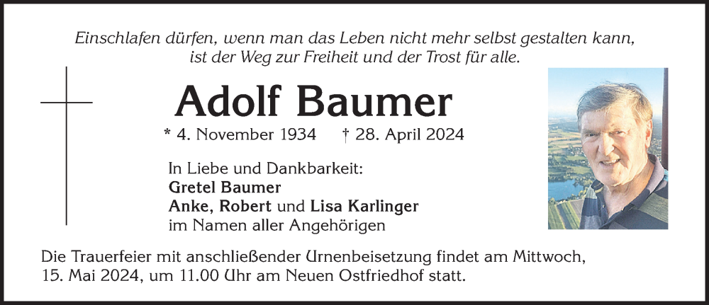 Traueranzeige von Adolf Baumer von Augsburger Allgemeine