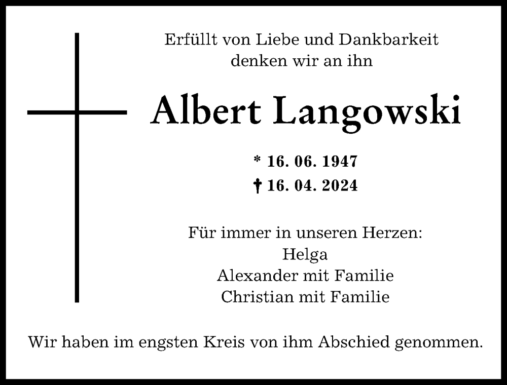Traueranzeige von Albert Langowski von Augsburger Allgemeine