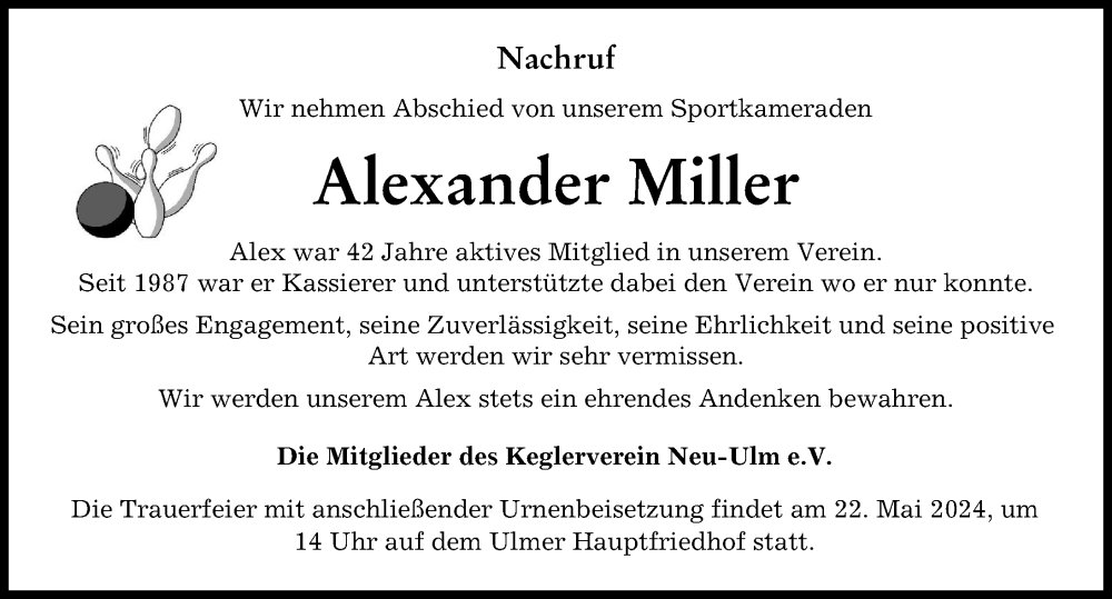 Traueranzeige von Alexander Miller von Neu-Ulmer Zeitung