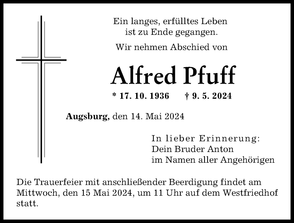 Traueranzeige von Alfred Pfuff von Augsburger Allgemeine