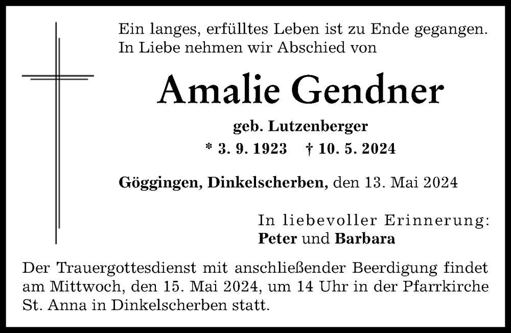 Traueranzeige von Amalie Gendner von Augsburger Allgemeine