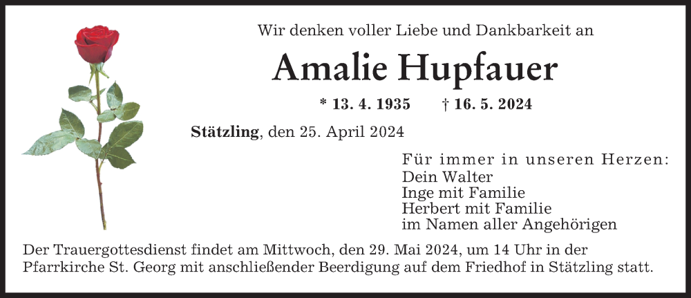 Traueranzeige von Amalie Hupfauer von Friedberger Allgemeine, Augsburger Allgemeine