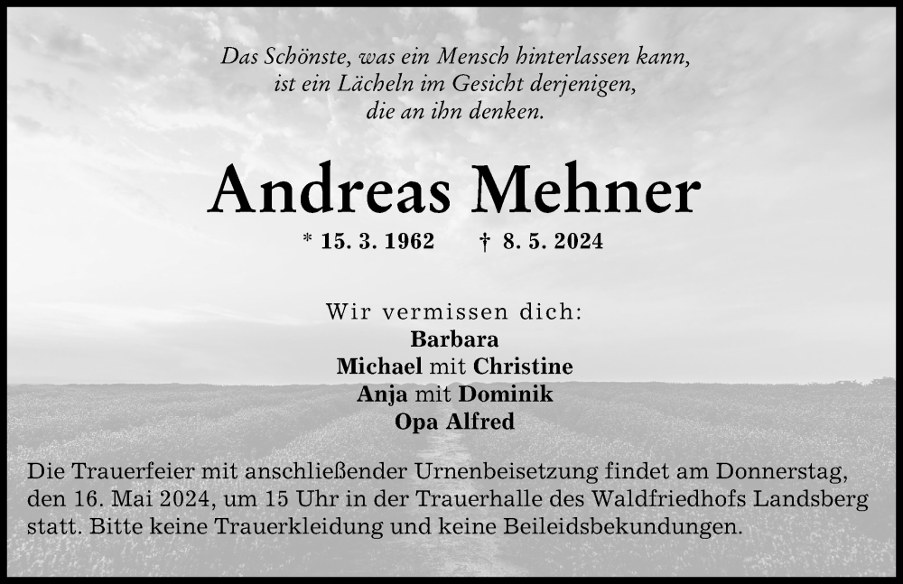  Traueranzeige für Andreas Mehner vom 14.05.2024 aus Landsberger Tagblatt