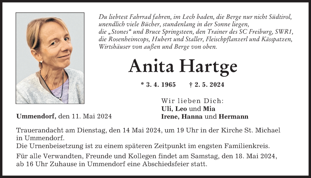 Traueranzeige von Anita Hartge von Landsberger Tagblatt