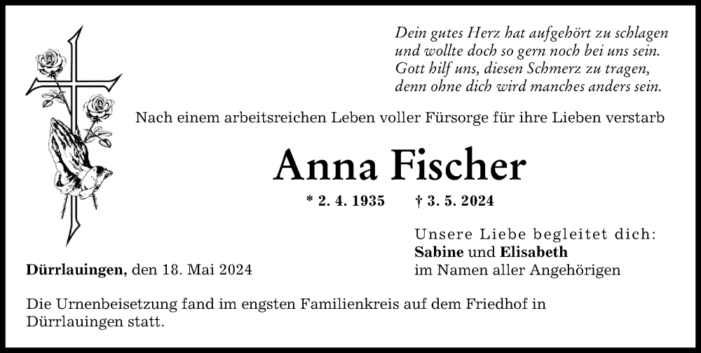 Traueranzeige von Anna Fischer von Günzburger Zeitung