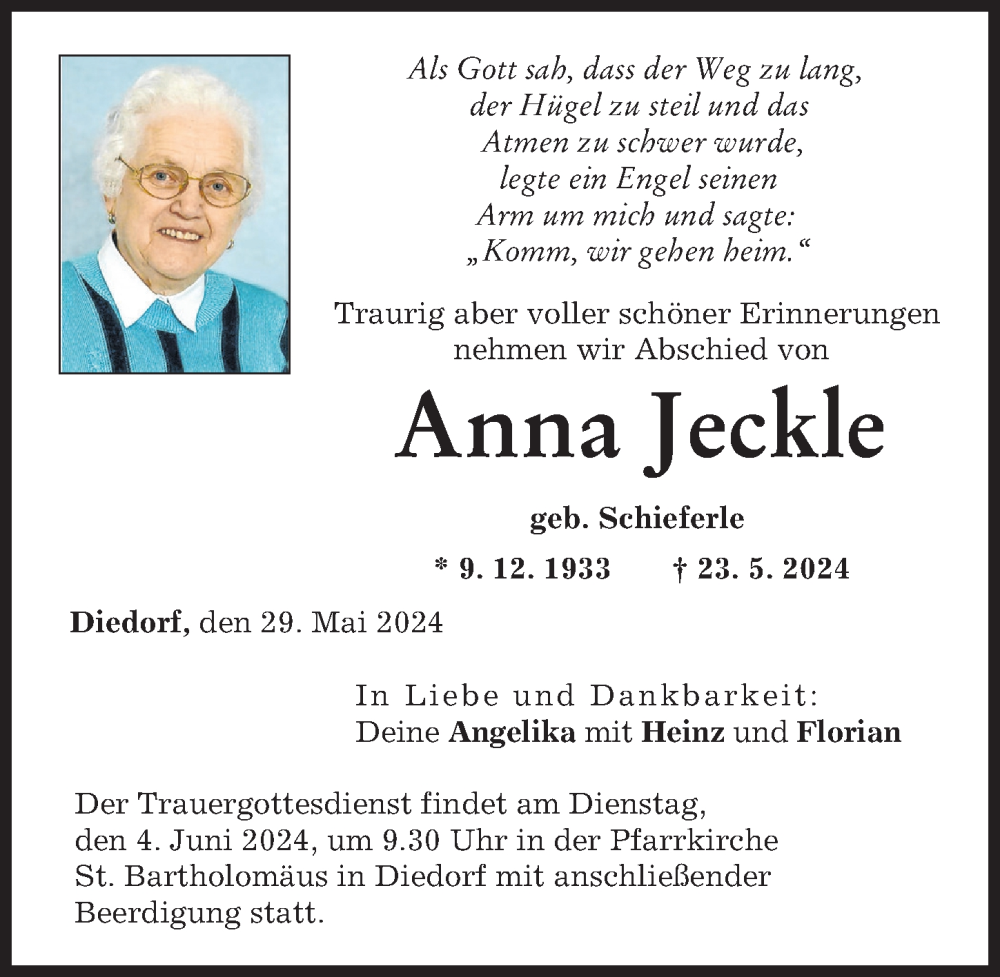 Traueranzeige von Anna Jeckle von Augsburg-Land