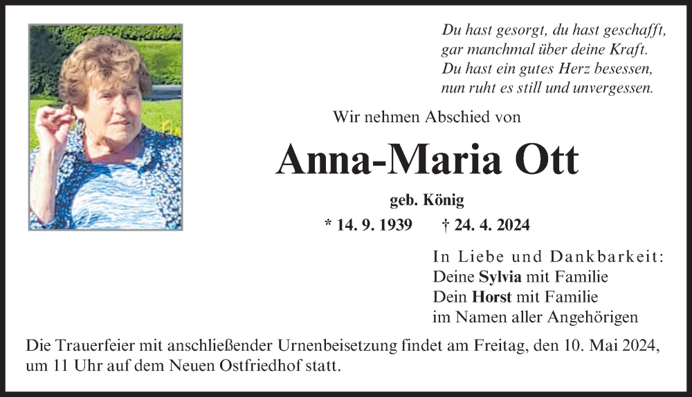 Traueranzeige von Anna-Maria Ott von Augsburger Allgemeine