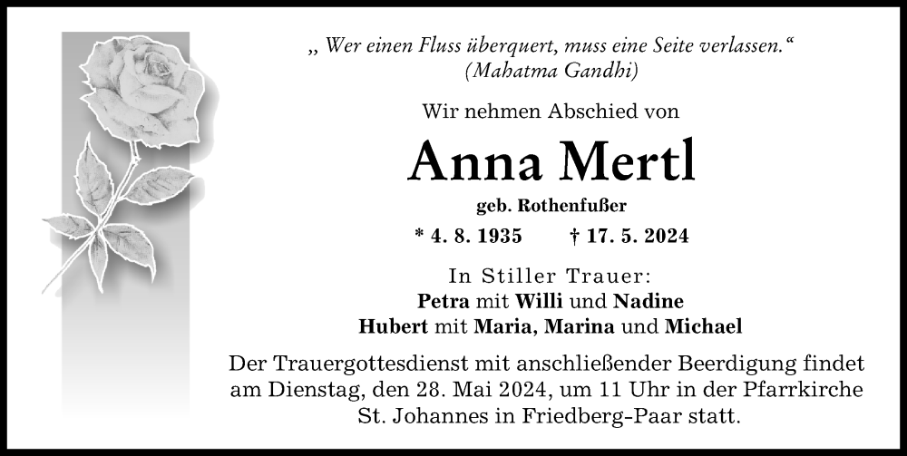 Traueranzeige von Anna Mertl von Friedberger Allgemeine