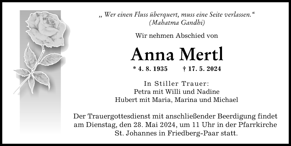 Traueranzeige von Anna Mertl von Augsburger Allgemeine