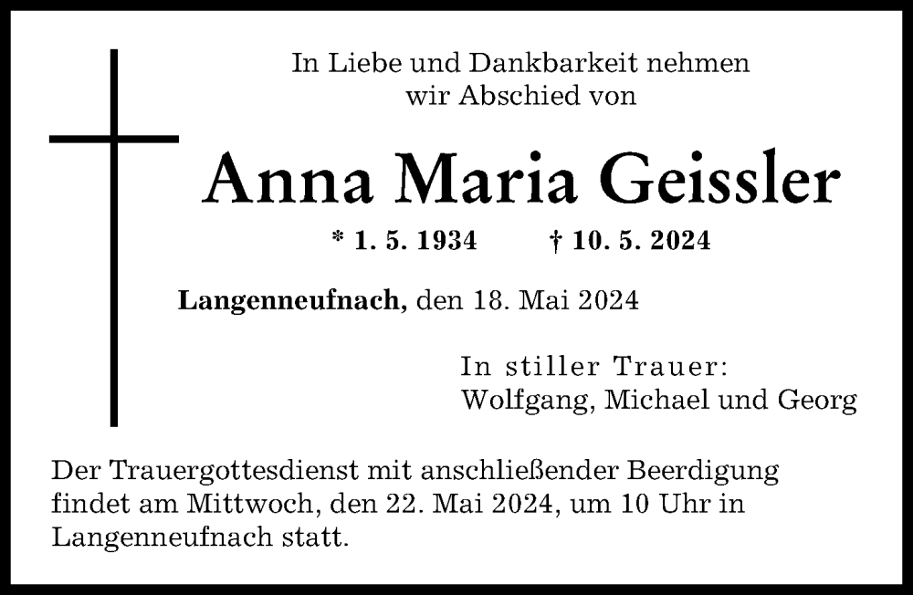Traueranzeige von Anna Maria Geissler von Augsburger Allgemeine