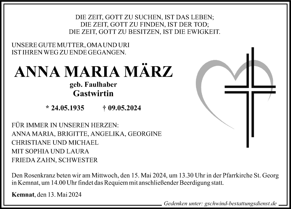 Traueranzeige von Anna Maria März von Günzburger Zeitung, Mittelschwäbische Nachrichten