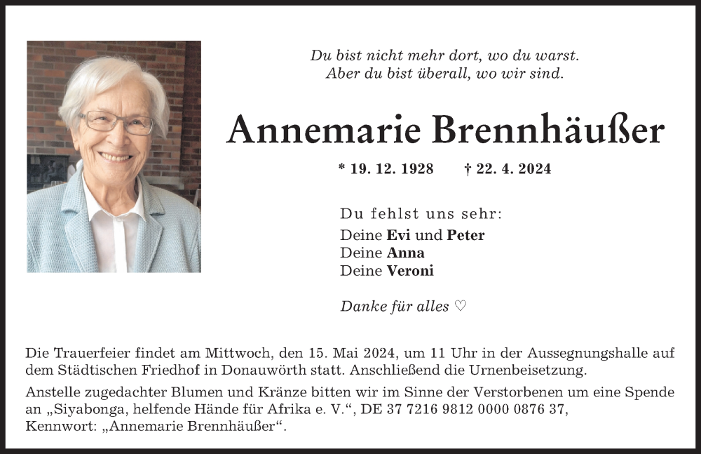 Traueranzeige von Annemarie Brennhäußer von Donauwörther Zeitung
