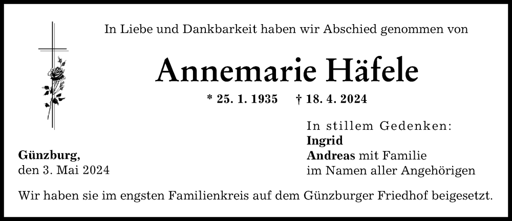 Traueranzeige von Annemarie Häfele von Günzburger Zeitung