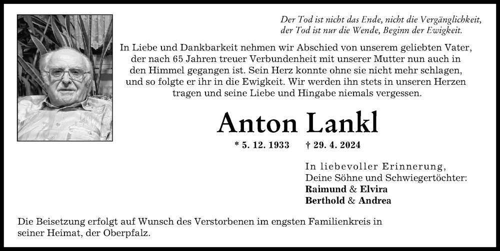 Traueranzeige von Anton Lankl von Landsberger Tagblatt