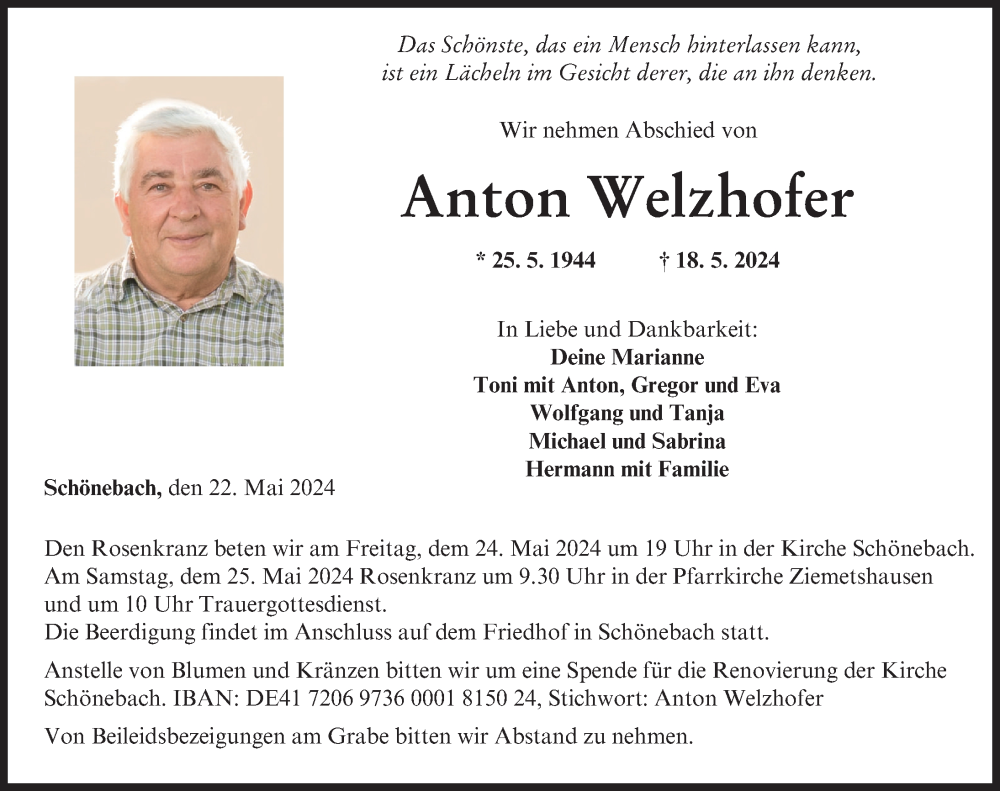 Traueranzeige von Anton Welzhofer von Augsburger Allgemeine, Mindelheimer Zeitung, Mittelschwäbische Nachrichten, Günzburger Zeitung