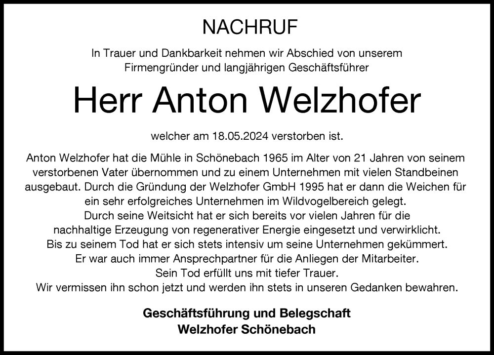 Traueranzeige von Anton Welzhofer von Augsburg-Land, Augsburger Allgemeine, Mittelschwäbische Nachrichten, Günzburger Zeitung