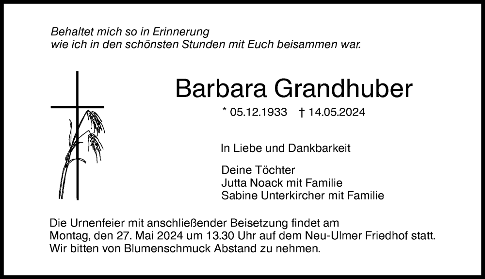 Traueranzeige von Barbara Grandhuber von Augsburger Allgemeine, Neu-Ulmer Zeitung