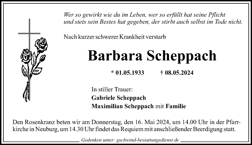 Traueranzeige von Barbara Scheppach von Mittelschwäbische Nachrichten
