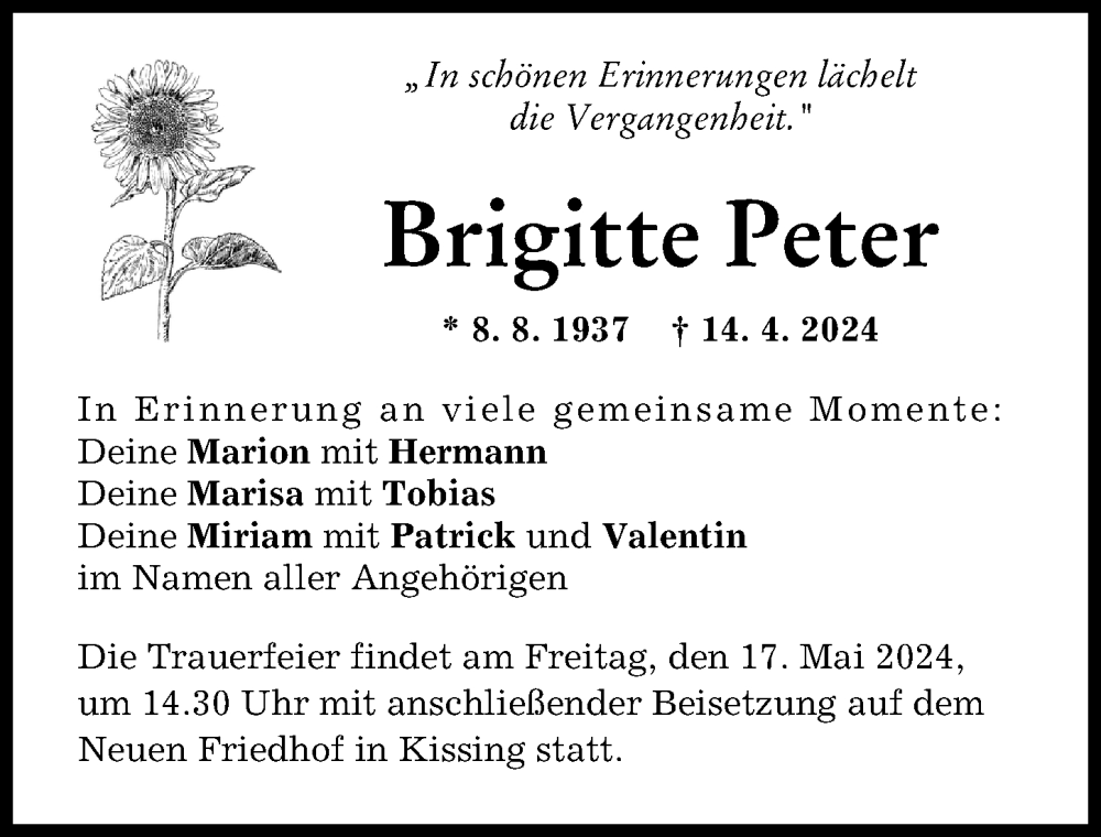 Traueranzeige von Brigitte Peter von Friedberger Allgemeine