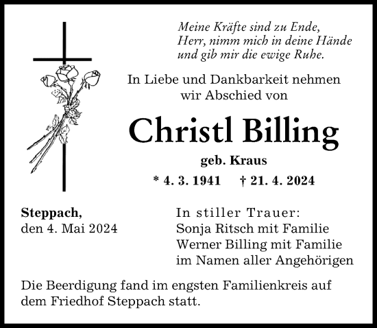 Traueranzeigen Von Christl Billing | Augsburger Allgemeine Zeitung