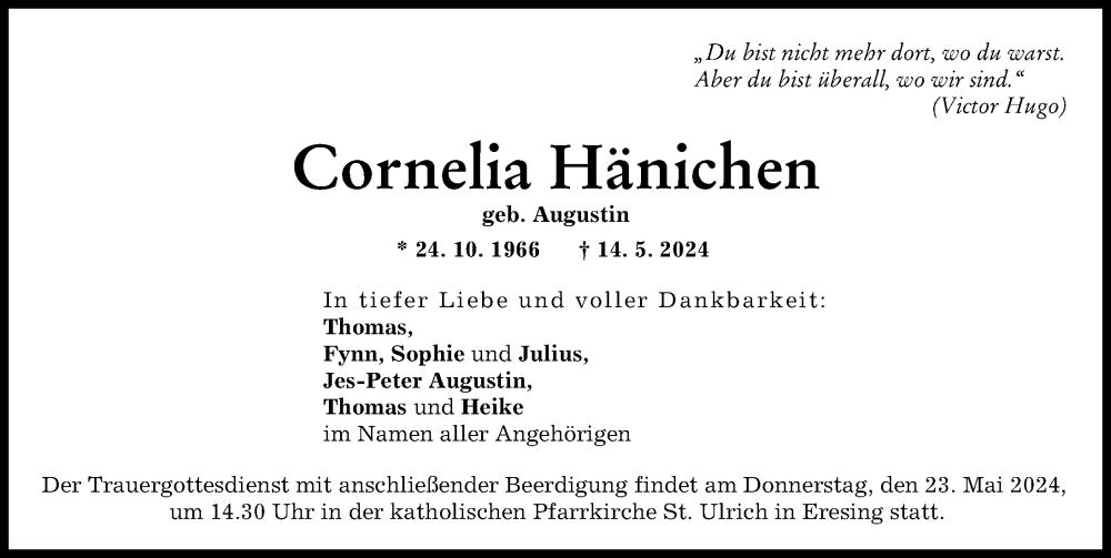  Traueranzeige für Cornelia Hänichen vom 21.05.2024 aus Landsberger Tagblatt