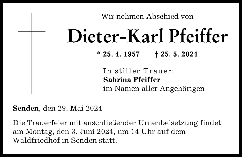 Traueranzeige von Dieter-Karl Pfeiffer von Neu-Ulmer Zeitung
