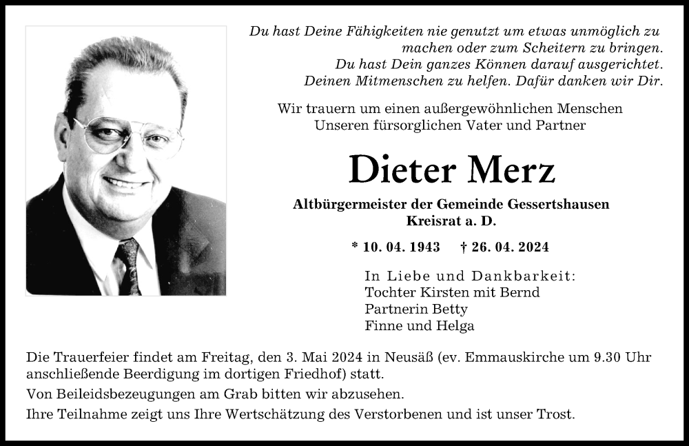 Traueranzeige von Dieter Merz von Augsburger Allgemeine