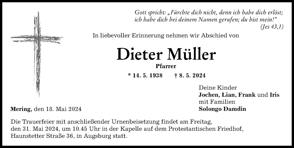 Traueranzeige von Dieter Müller von Augsburg-Land