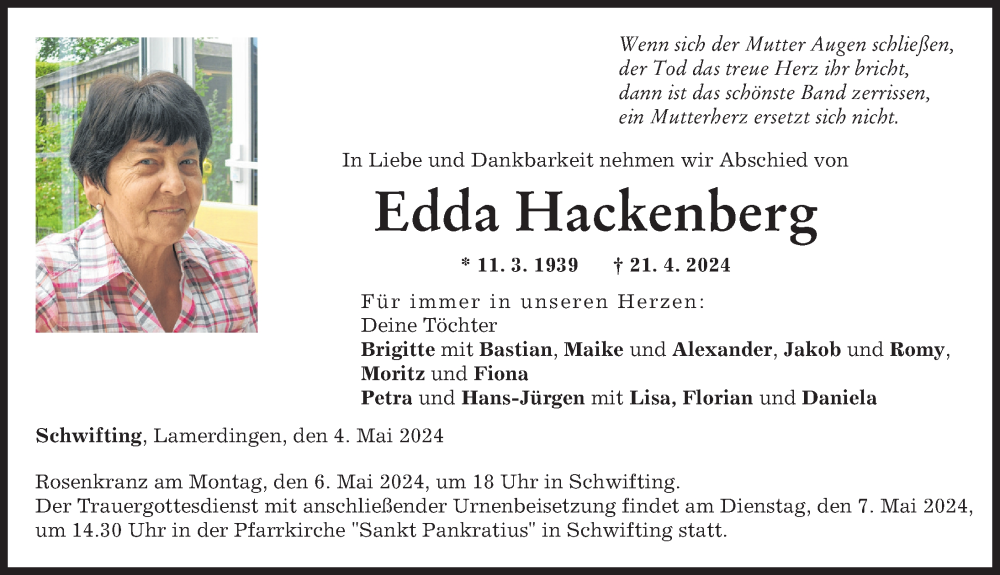 Traueranzeige von Edda Hackenberg von Landsberger Tagblatt