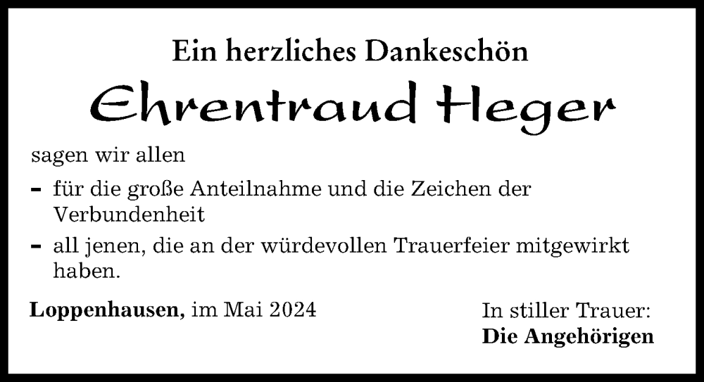 Traueranzeige von Ehrentraud Heger von Mindelheimer Zeitung