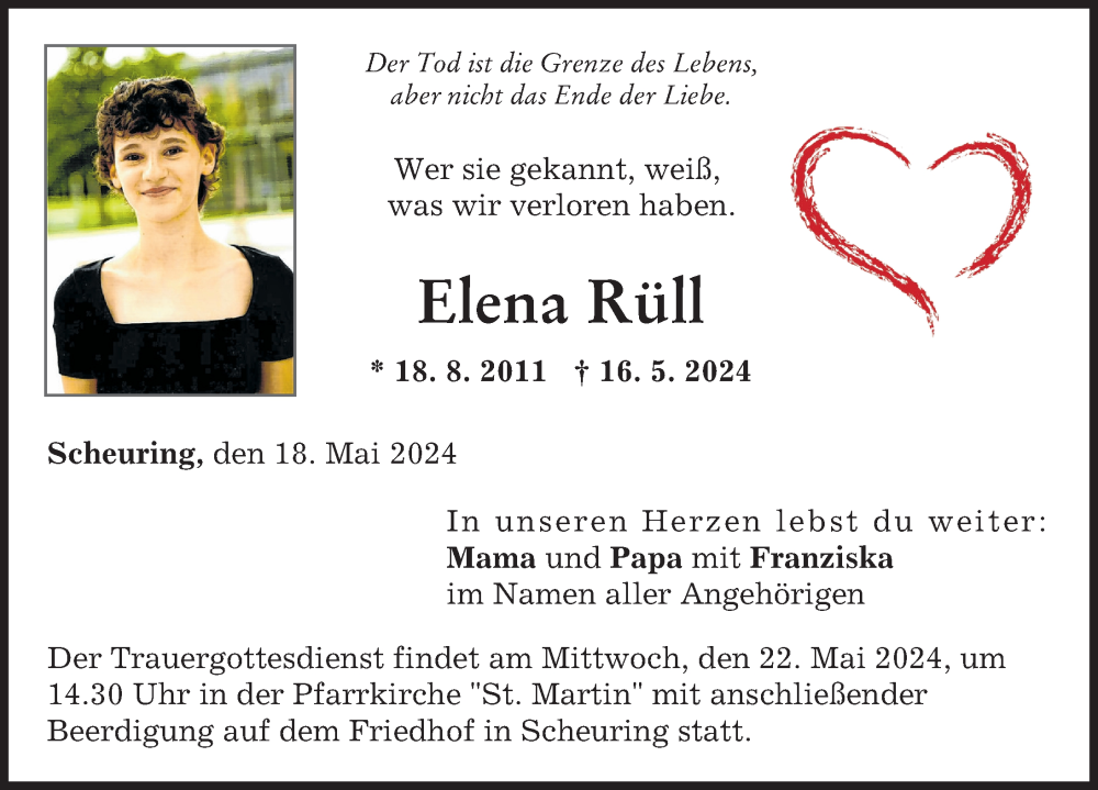  Traueranzeige für Elena Rüll vom 18.05.2024 aus Landsberger Tagblatt