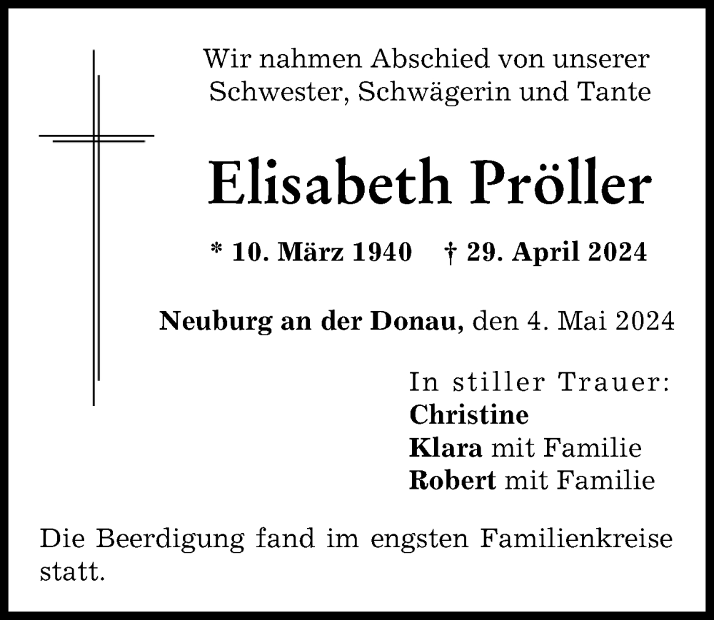  Traueranzeige für Elisabeth Pröller vom 04.05.2024 aus Neuburger Rundschau