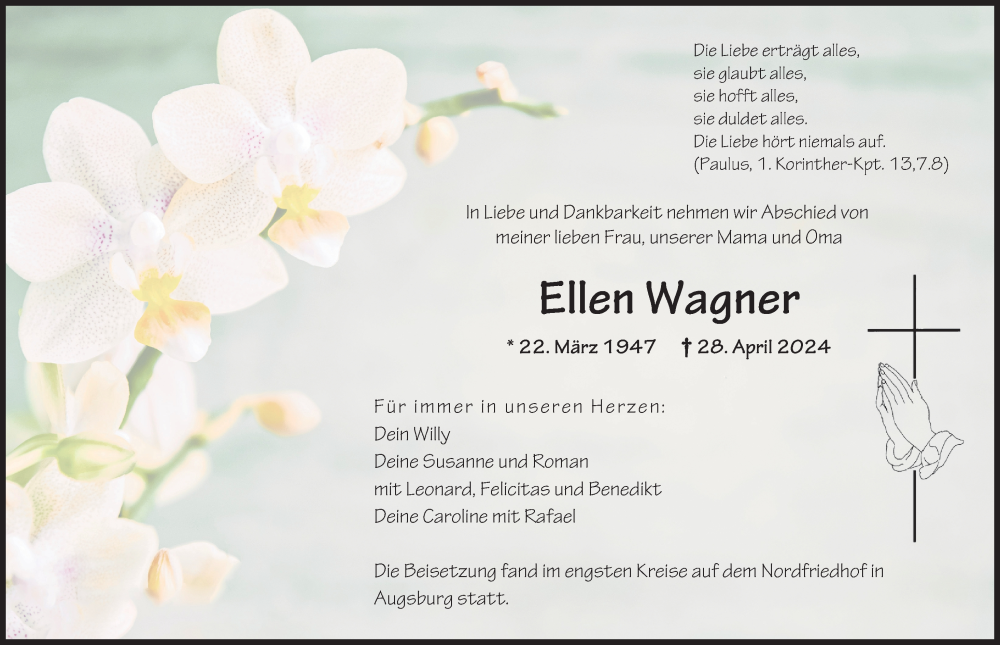 Traueranzeige von Ellen Wagner von Augsburger Allgemeine