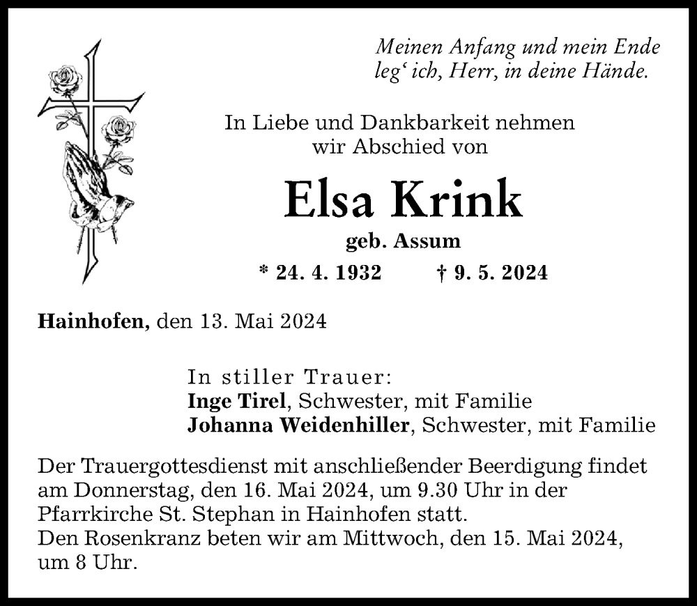 Traueranzeige von Elsa Krink von Augsburg-Land