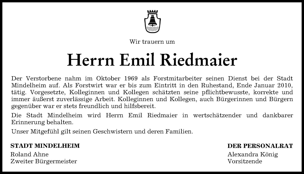 Traueranzeige von Emil Riedmaier von Mindelheimer Zeitung