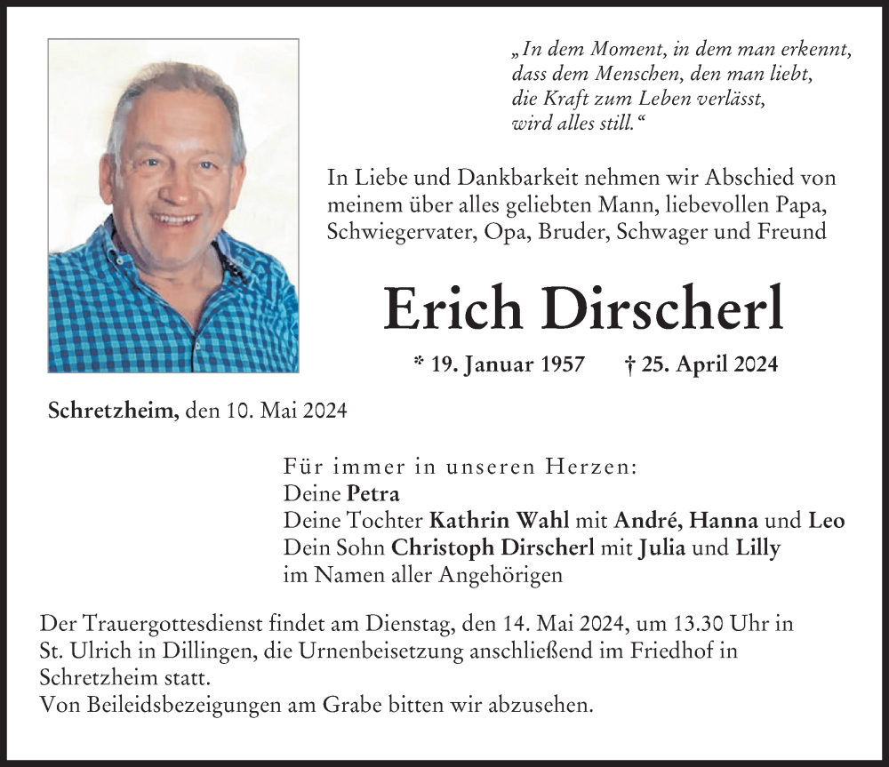  Traueranzeige für Erich Dirscherl vom 10.05.2024 aus Donau Zeitung