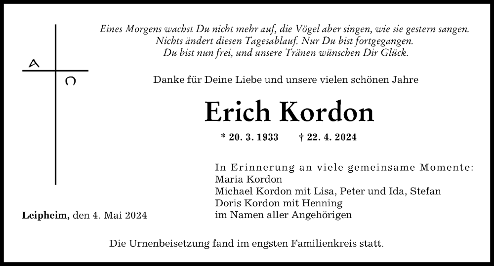Traueranzeige von Erich Kordon von Günzburger Zeitung
