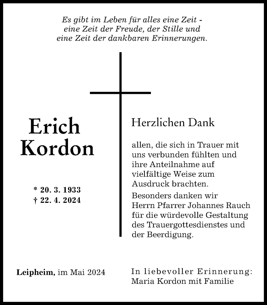 Traueranzeige von Erich Kordon von Günzburger Zeitung