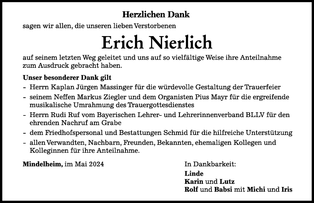 Traueranzeige von Erich Nierlich von Mindelheimer Zeitung