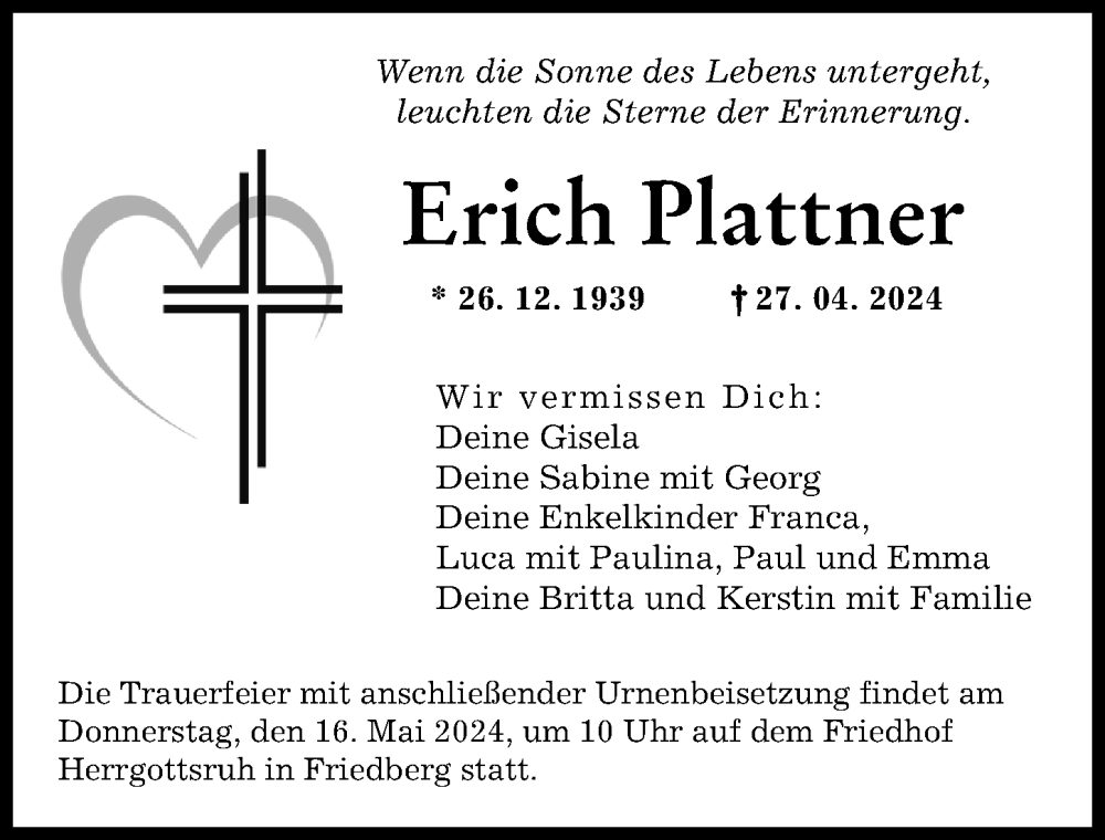  Traueranzeige für Erich Plattner vom 11.05.2024 aus Augsburger Allgemeine