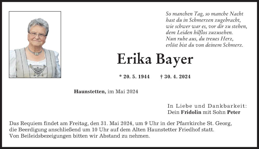 Traueranzeige von Erika Bayer von Augsburger Allgemeine