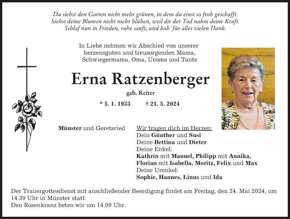 Traueranzeige von Erna Ratzenberger von Donauwörther Zeitung, Neuburger Rundschau