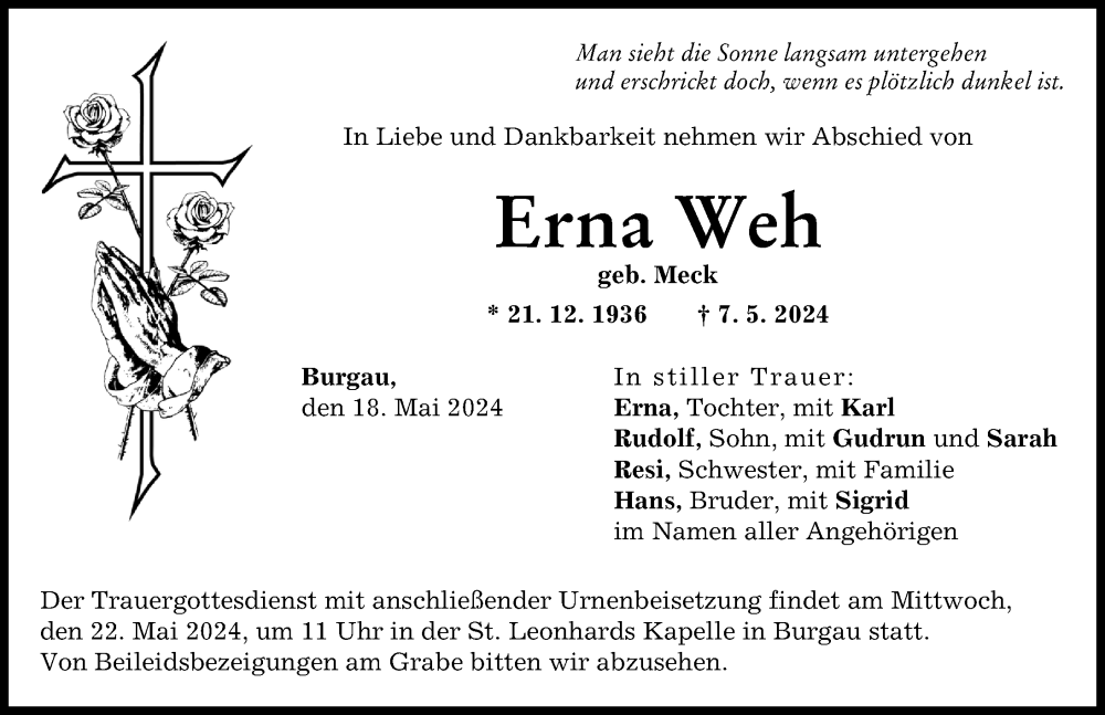 Traueranzeige von Erna Weh von Günzburger Zeitung