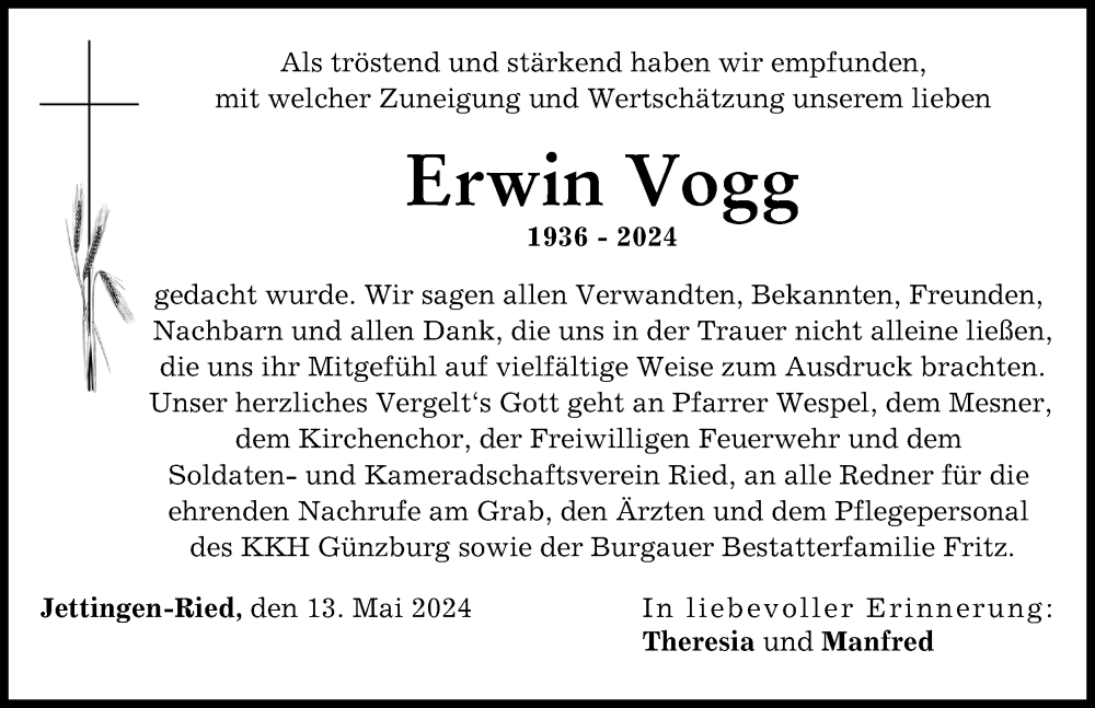 Traueranzeige von Erwin Vogg von Günzburger Zeitung