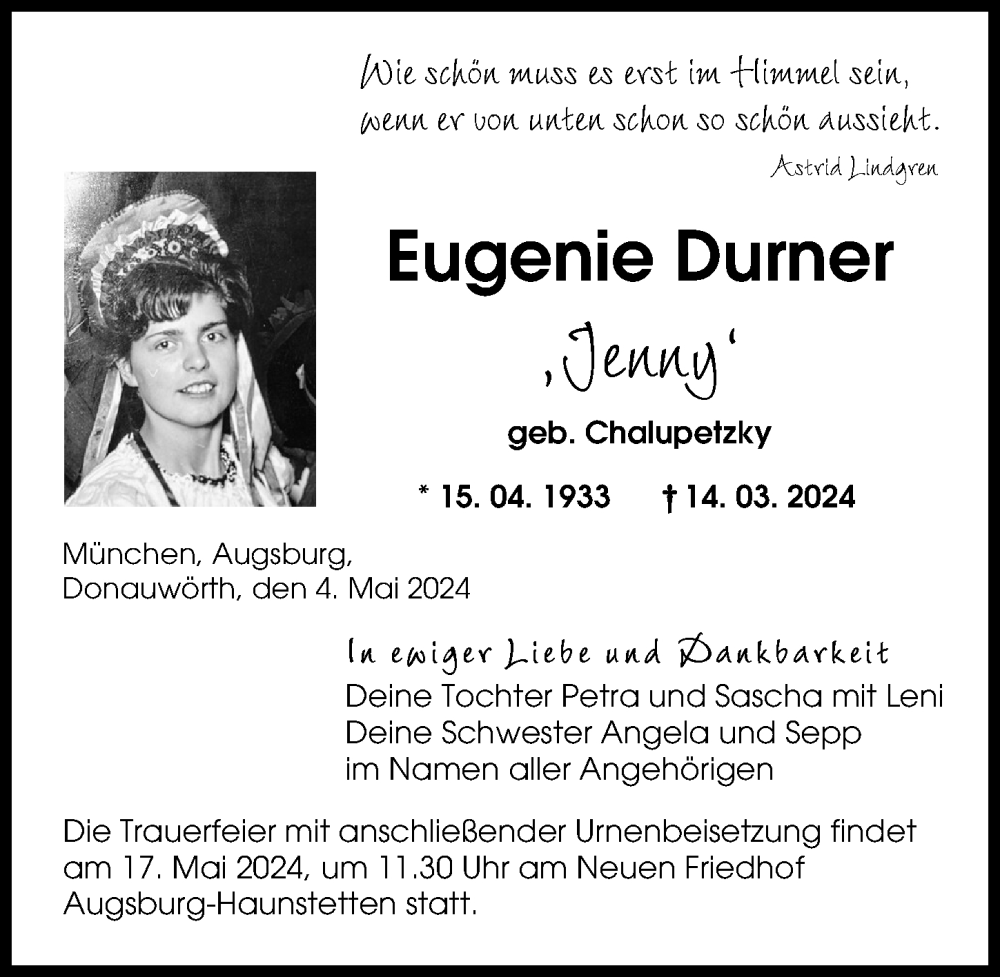 Traueranzeige von Eugenie Durner von Donauwörther Zeitung