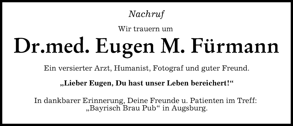 Traueranzeige von Eugen M. Fürmann von Augsburger Allgemeine