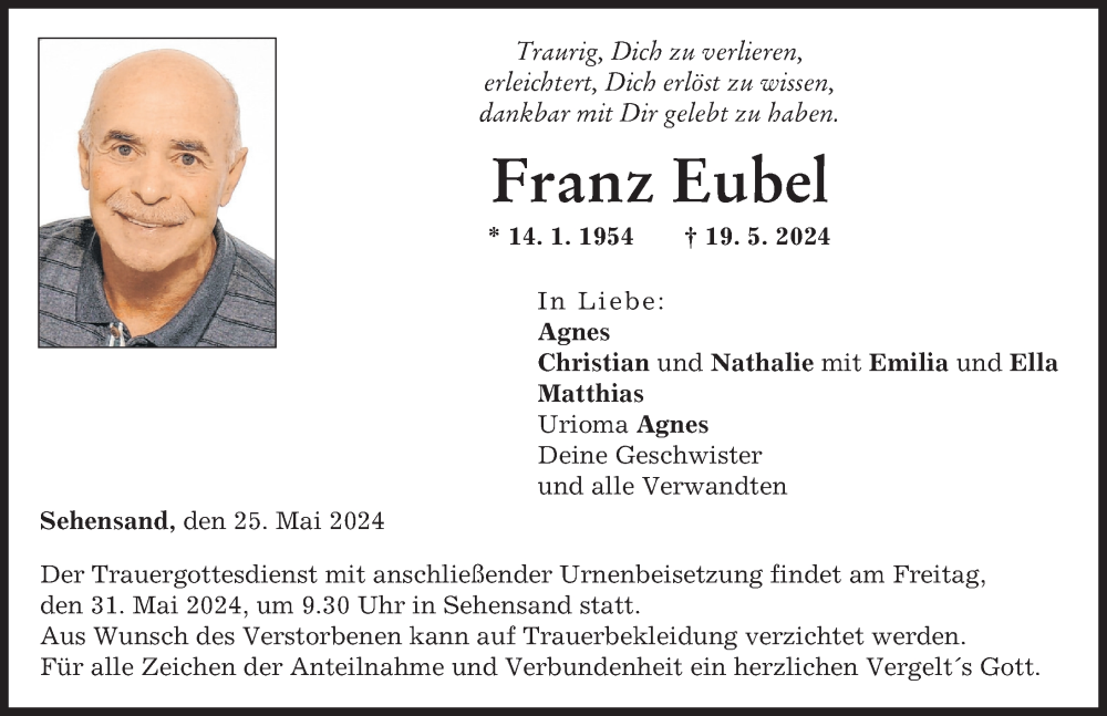  Traueranzeige für Franz Eubel vom 25.05.2024 aus Neuburger Rundschau