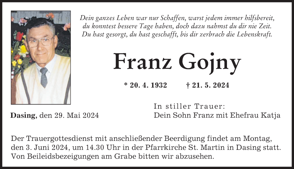 Traueranzeige von Franz Gojny von Friedberger Allgemeine, Augsburger Allgemeine