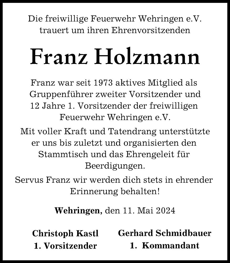 Traueranzeige von Franz Holzmann von Schwabmünchner Allgemeine