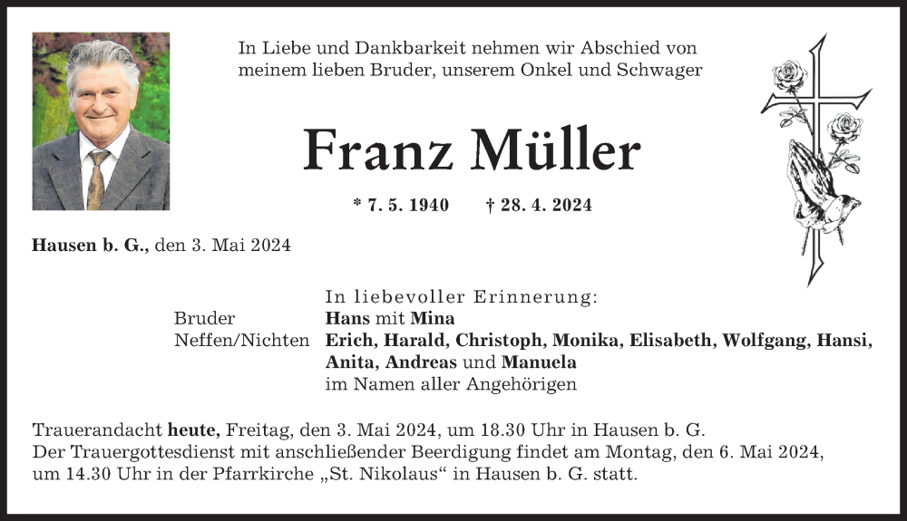 Traueranzeige von Franz Müller von Landsberger Tagblatt
